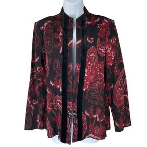 Misook Blazer Womens Sz M Black Red Paisley Velvet Trim Open Front Jacket